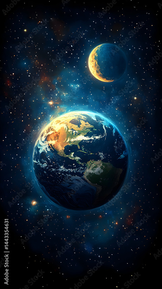 Obraz premium Earth and moon float in a vast cosmic sea of stars and nebulae painted with blues golds greens and whites
