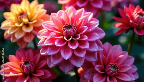 Intricate dahlia blooms, vibrant hues, lush petals, petals, colorful, closeup