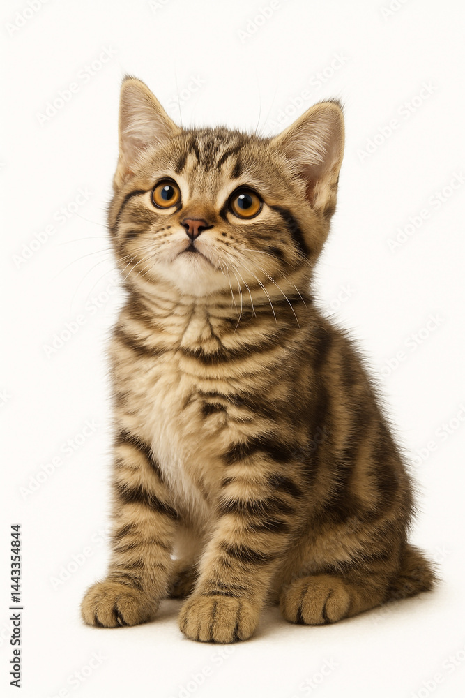 A cute tabby kitten sitting and looking up, isolated on a white background. Realistic photo capturing fine fur detail A cute tabby kitten sitting and looking up, isolated on a white background. Realistic photo capturing fine fur detail