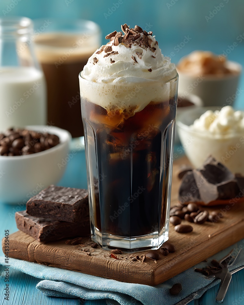 Iced coffee topped with whipped cream, chocolate shavings, and sides on a wood board Iced coffee topped with whipped cream, chocolate shavings, and sides on a wood board