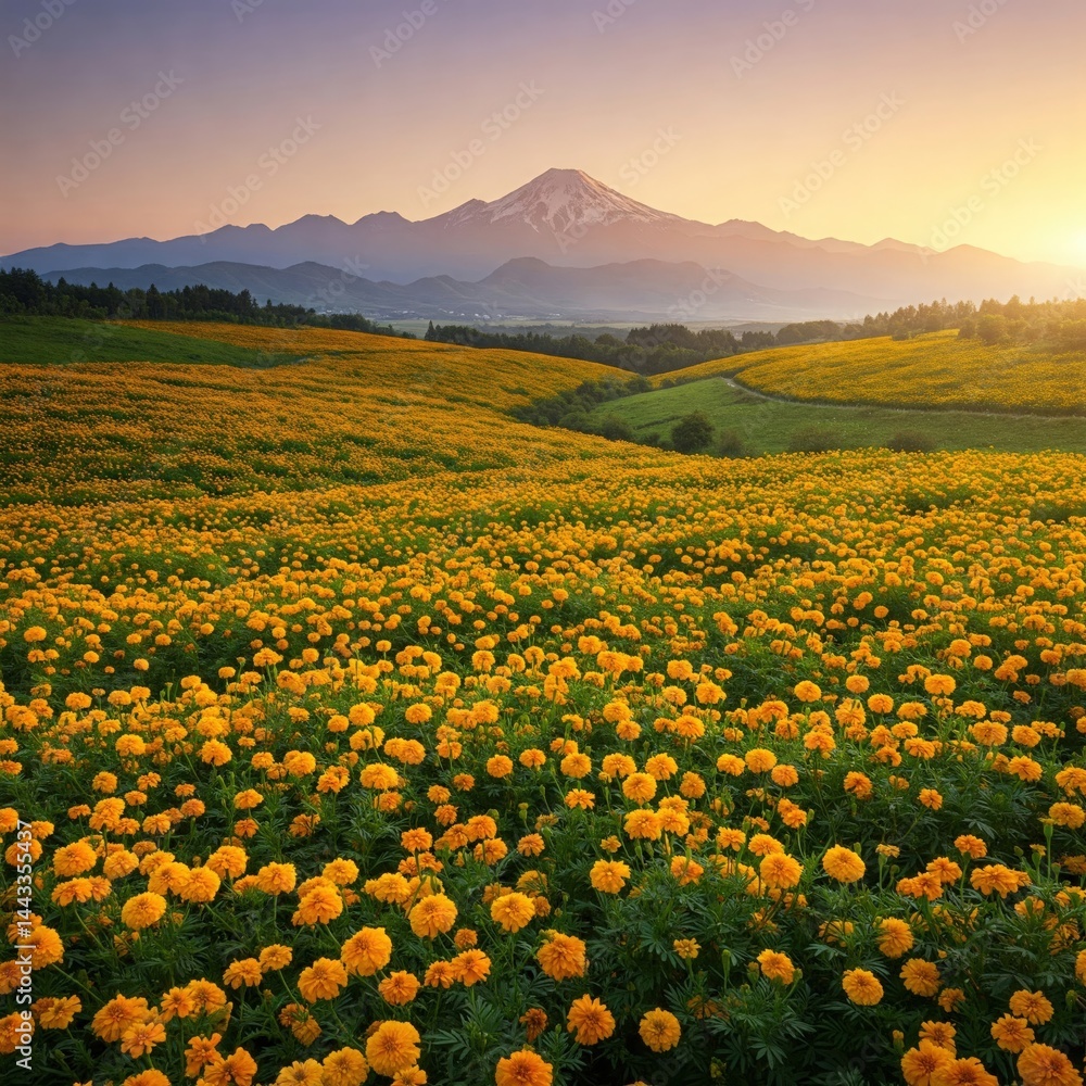 Obraz premium Marigold Valley and Snow Mountains at Spring Sunrise – 4K Ultra-HD Wallpaper | Spring image, spring background, spring wallpapers, spring images, spring wallpaper