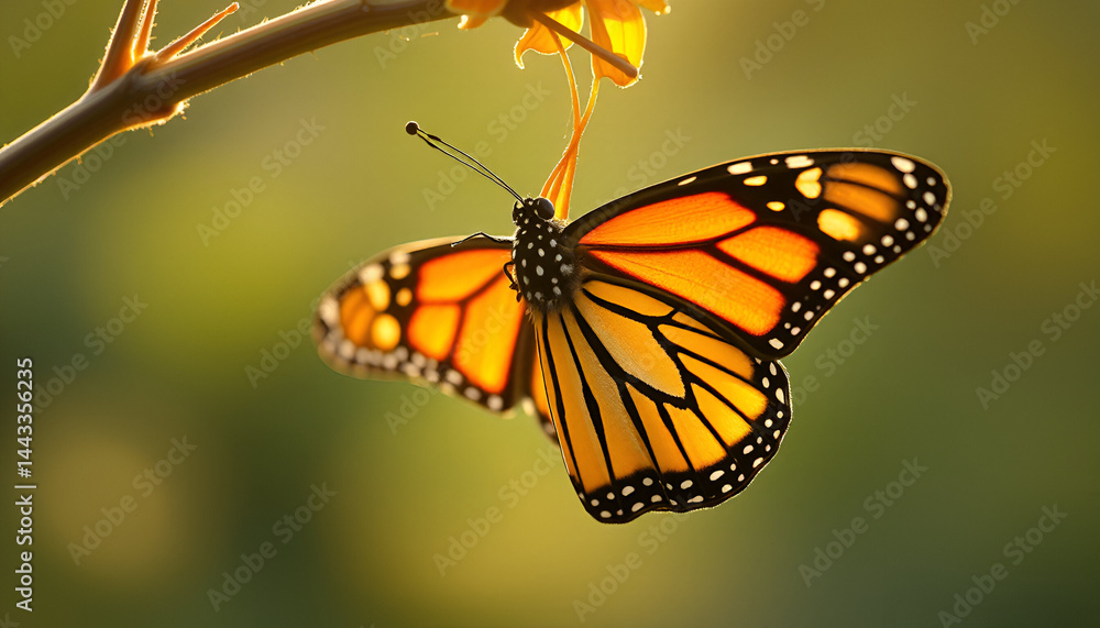 Fototapeta premium a monarch butterfly half-emerged from its chrysalis, wings still damp and unfolding. Golden morning light highlights its vibrant colors—symbol of transformation and survival