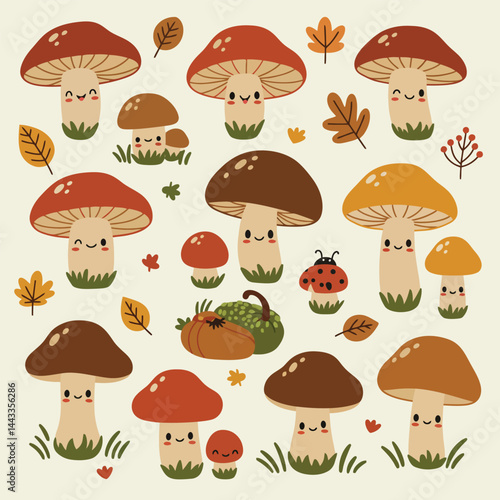 Cute cartoon autumn mushrooms collection. Fall forest mushrooms harvest in simple flat style