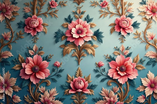 Intricate floral damask wallpaper in muted tones, vintage, design element, subtlety