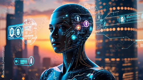 Cybernetic female humanoid robot analyzing digital interface in futuristic city