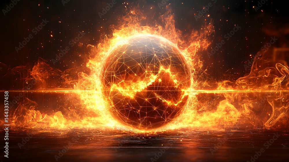 Obraz premium Flaming sphere with intricate wireframe blazing in fiery destruction against a dark atmospheric backdrop