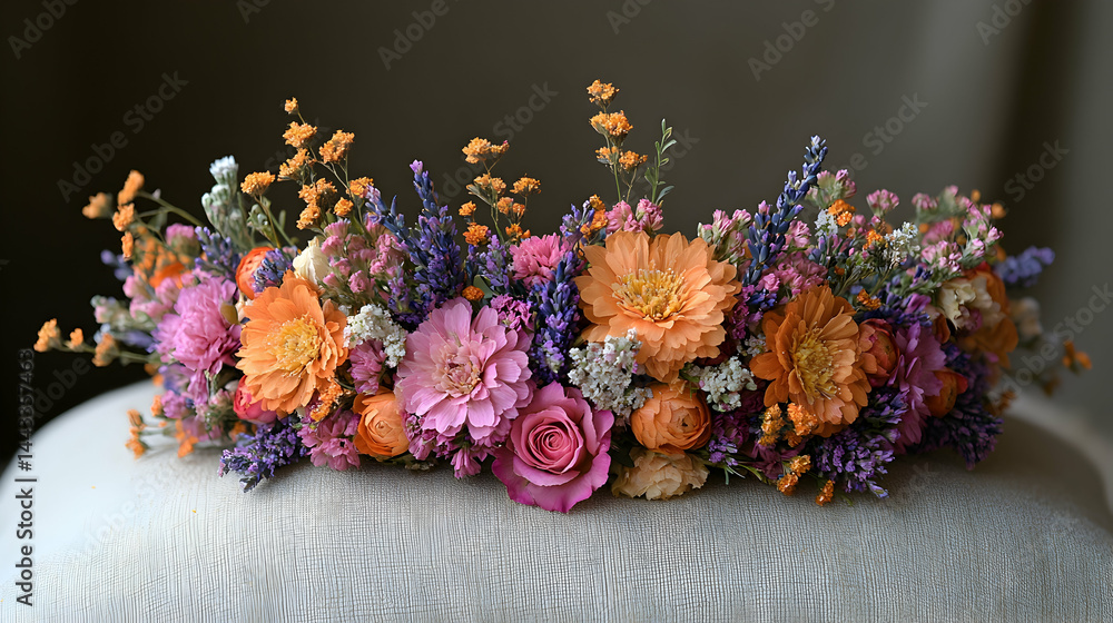 Fototapeta premium Floral display featuring orange and pink blooms accented with purple and white sprigs on textured fabric