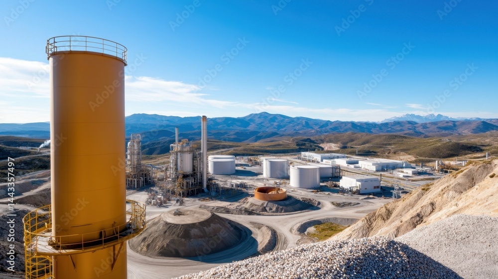 Obraz premium Rare Earth Industrial Concept, Panoramic View of Massive Industrial Site on Earth with Clear Blue Sky and Mountainous Background