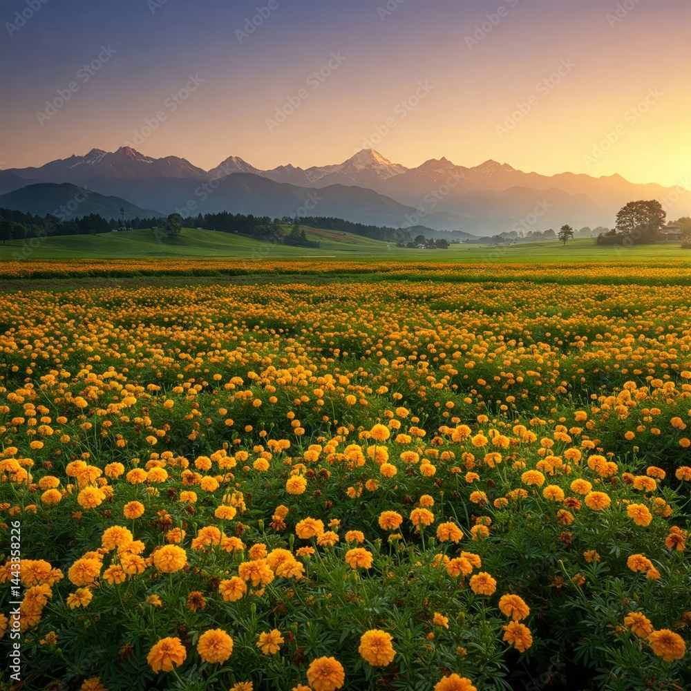 Fototapeta premium Marigold Valley and Snow Mountains at Spring Sunrise – 4K Ultra-HD Wallpaper | Spring image, spring background, spring wallpapers, spring images, spring wallpaper
