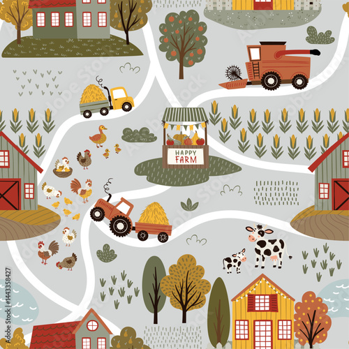 Seamless vector pattern in flat cartoon style featuring a playful farm scene with barn, shed, windmill, tractor, cows, horses, sheep, and trees on white. Ideal for kids' design and decor.