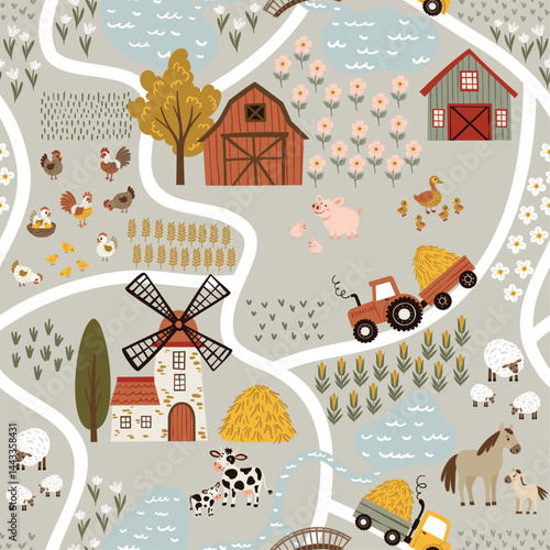 Seamless vector pattern in flat cartoon style. Features a playful farm scene with barn, shed, windmill, tractor, cows, horses, sheep, and trees. Isolated on white. Perfect for kids’ design and decor.