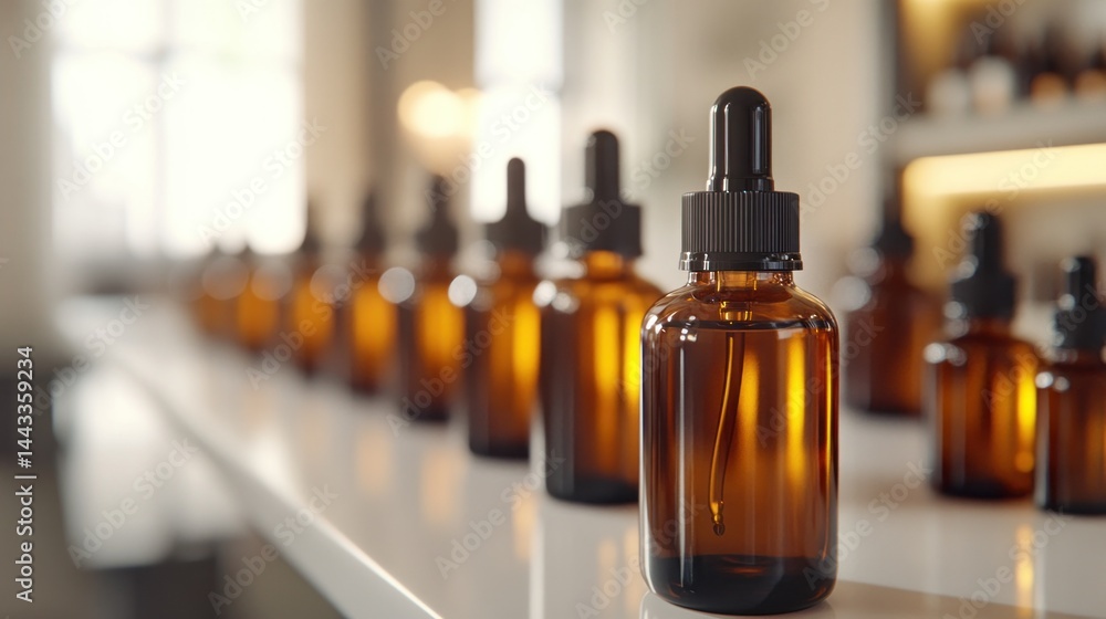 Amber glass dropper bottles lined up on a sleek white surface. Amber glass dropper bottles lined up on a sleek white surface.