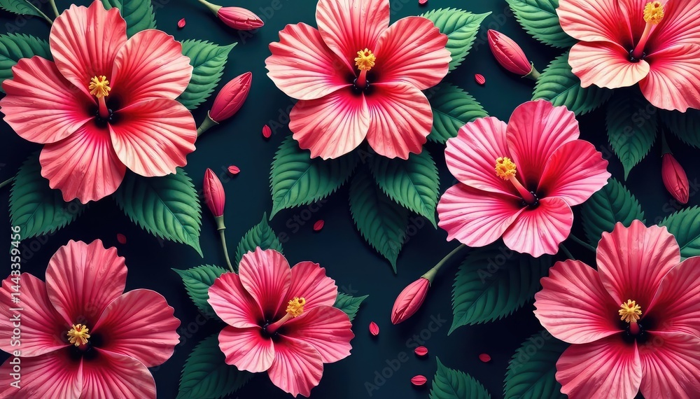 custom made wallpaper toronto digitalIntricate hibiscus blossoms, vibrant hues, repeating motif , print, textile, orange