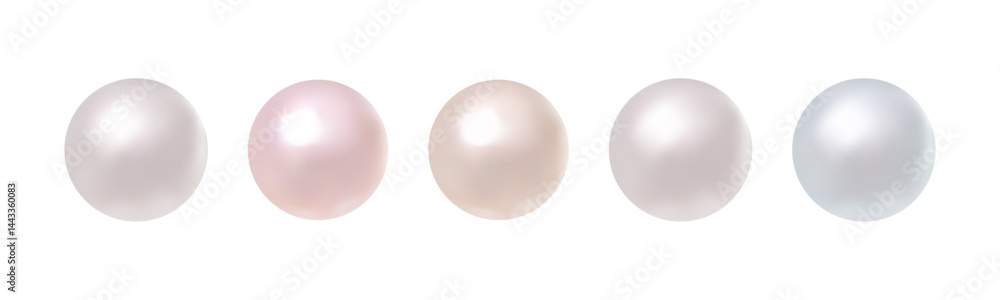 Vector image of five realistic pearls in soft white, pink, cream, and blue tones on a white background, perfect for elegant, cosmetic, or wedding-themed designs Vector image of five realistic pearls in soft white, pink, cream, and blue tones on a white background, perfect for elegant, cosmetic, or wedding-themed designs