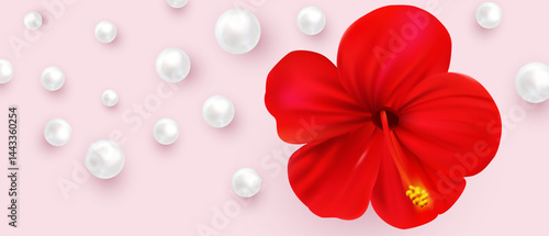 Vector image of a bright red hibiscus flower surrounded by white pearls on a soft pink background, ideal for beauty, spa, wedding, or tropical-themed designs