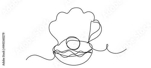 Minimalistic vector illustration of an open seashell with a pearl drawn in a single continuous line. Perfect for modern beauty, jewelry, and fashion branding or packaging