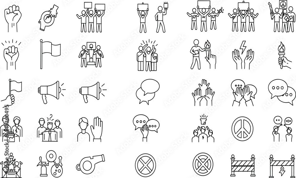 Protest, activism line icon set. Vector pictograms of raised fists, placard, march, demonstration, civil rights, freedom of speech Protest, activism line icon set. Vector pictograms of raised fists, placard, march, demonstration, civil rights, freedom of speech