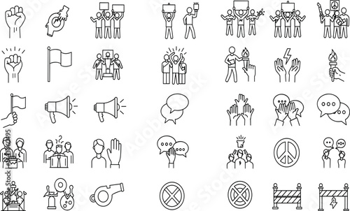 Protest, activism line icon set. Vector pictograms of raised fists, placard, march, demonstration, civil rights, freedom of speech