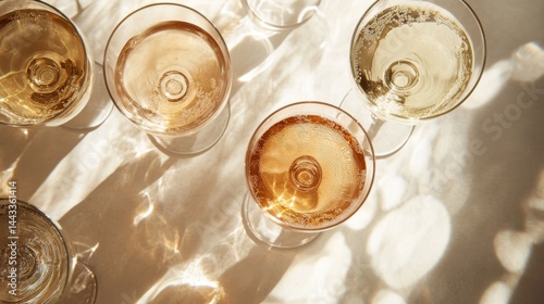 Sunlight shines through brown and beige glasses of water, creating pretty shadows. A simple, elegant summer scene. Perfect for a party with white wine or water. Top-down view.
