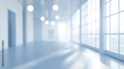 Bright empty room with large windows and hanging lights blurred background.