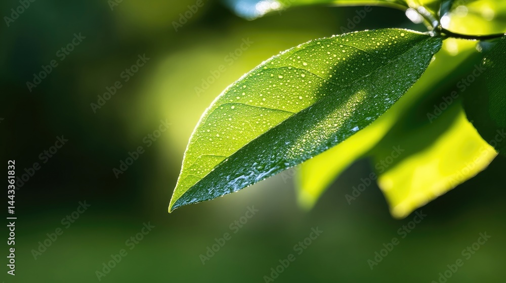 Vibrant green leaves bathed in sunlight. Delicate dew drops cling to the surface Vibrant green leaves bathed in sunlight. Delicate dew drops cling to the surface