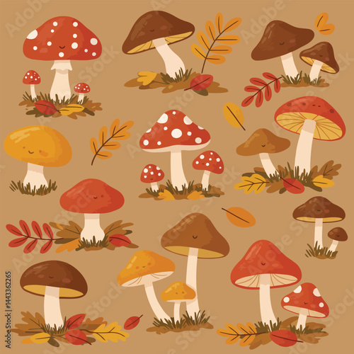 Cute cartoon autumn mushrooms collection. Fall forest mushrooms harvest in simple flat style