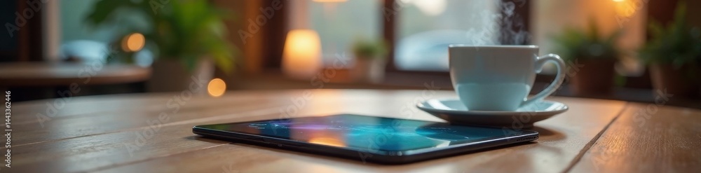 Modern tablet on wooden desk, steaming coffee beside , home office, clean Modern tablet on wooden desk, steaming coffee beside , home office, clean