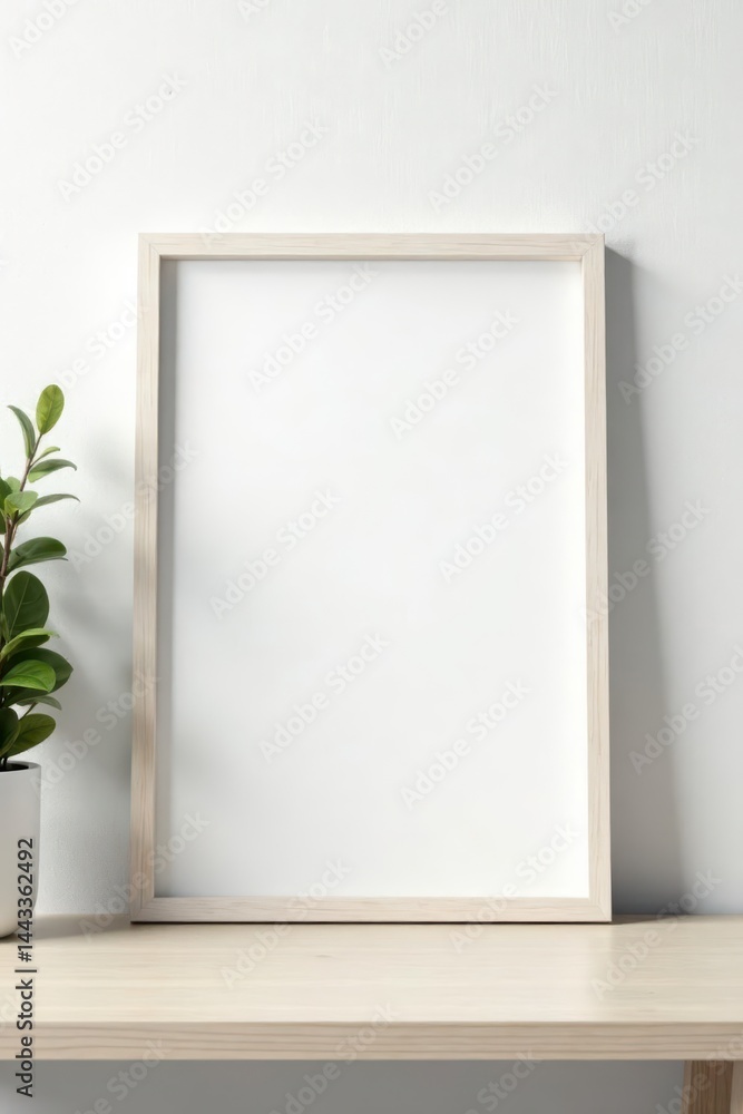 Simple white wood photo frame against a white wall , decor, clean Simple white wood photo frame against a white wall , decor, clean