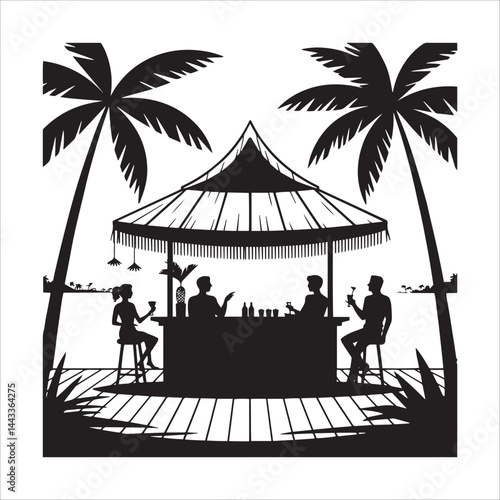  Silhouette of a tiki bar with people relaxing on a tropical summer evening