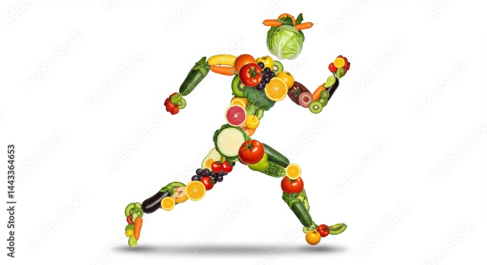 Running figure made of produce isolate on white background Running figure made of produce isolate on white background