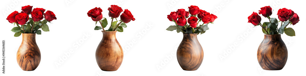 Obraz premium Set, group, collection of wooden vase with red rose flowers isolated on transparent background.