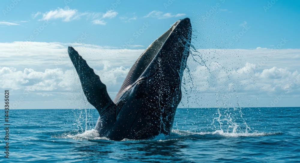 Naklejka premium Whale Breaching Surface of Ocean Releasing Splashes