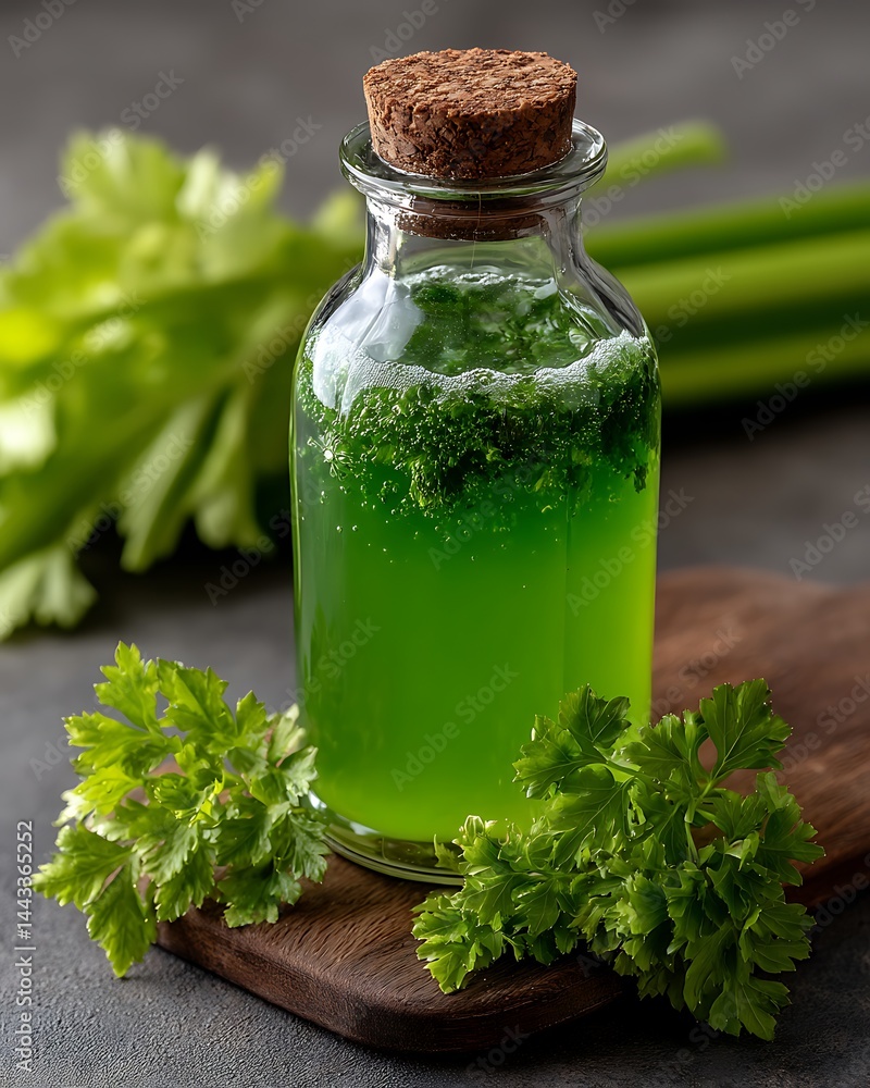 Glass jar with cork containing green liquid atop a cutting board. Celery and parsley around Glass jar with cork containing green liquid atop a cutting board. Celery and parsley around