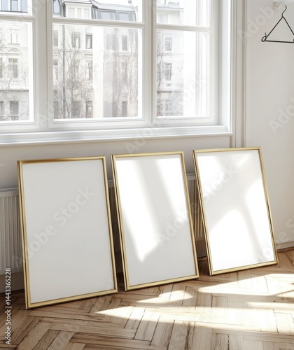 Three Gold Framed Empty Picture Frames on a Wooden Floor in a Bright Room