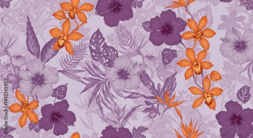 Exotic Floral Pattern: Seamless Tropical Hibiscus and Orchid Flower Background Design for Textile Prints