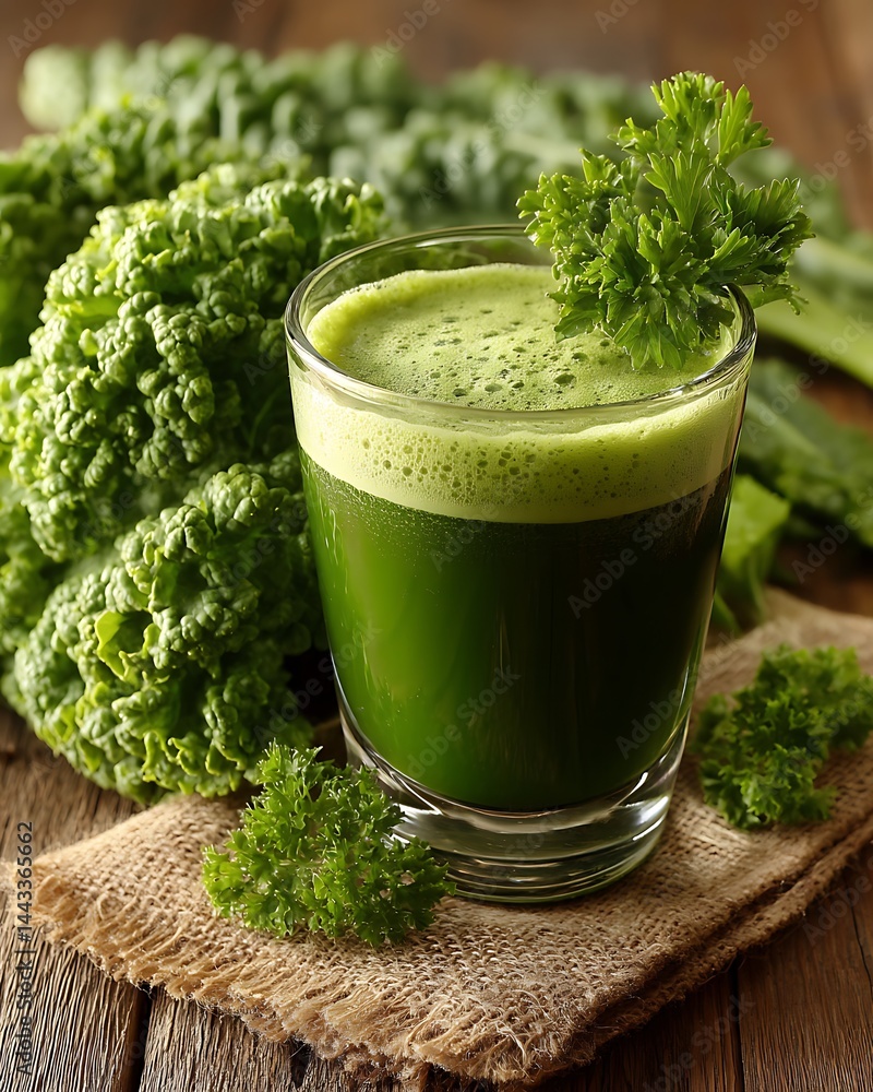 Green juice served with fresh kale, sitting on rustic burlap, atop weathered wood Green juice served with fresh kale, sitting on rustic burlap, atop weathered wood