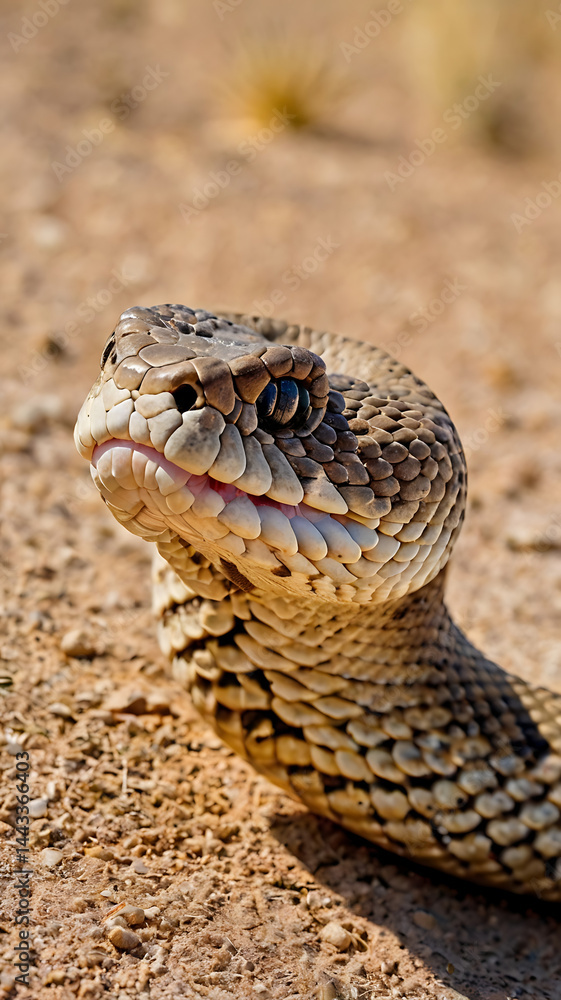 Fototapeta premium A close-up of a coiled rattlesnake in the desert, its rattle raised and tongue flicking.