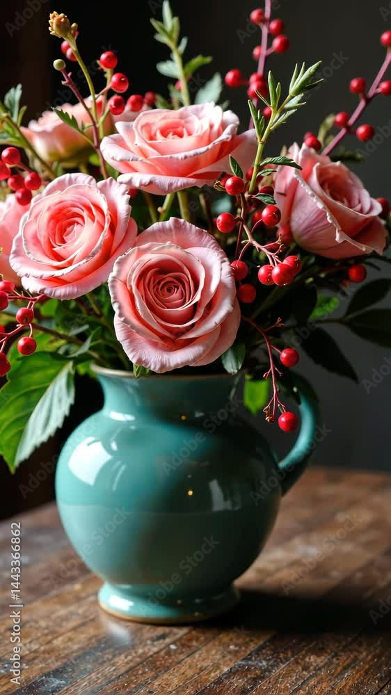 Pink roses and red berries are artfully arranged in a teal vase, sitting on a rustic wooden table, creating a stunning floral display with a touch of elegance and natural beauty Pink roses and red berries are artfully arranged in a teal vase, sitting on a rustic wooden table, creating a stunning floral display with a touch of elegance and natural beauty