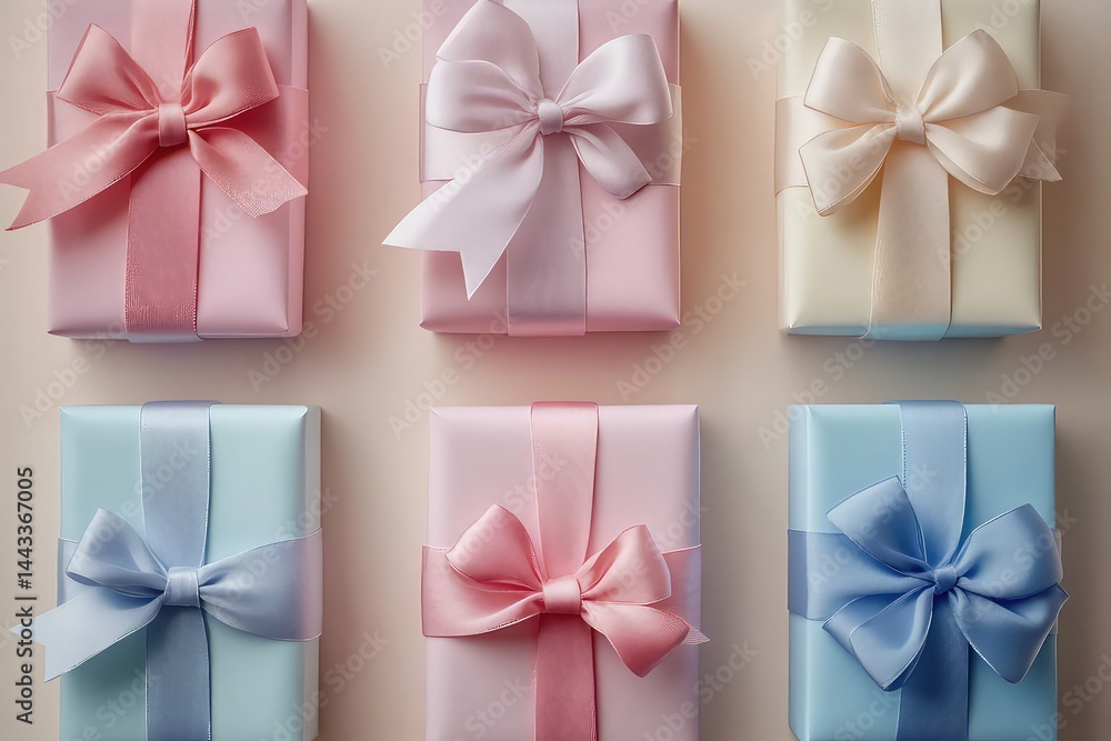 A set of cheerful pastel gift wrapped boxes with contrasting ribbon bows A set of cheerful pastel gift wrapped boxes with contrasting ribbon bows