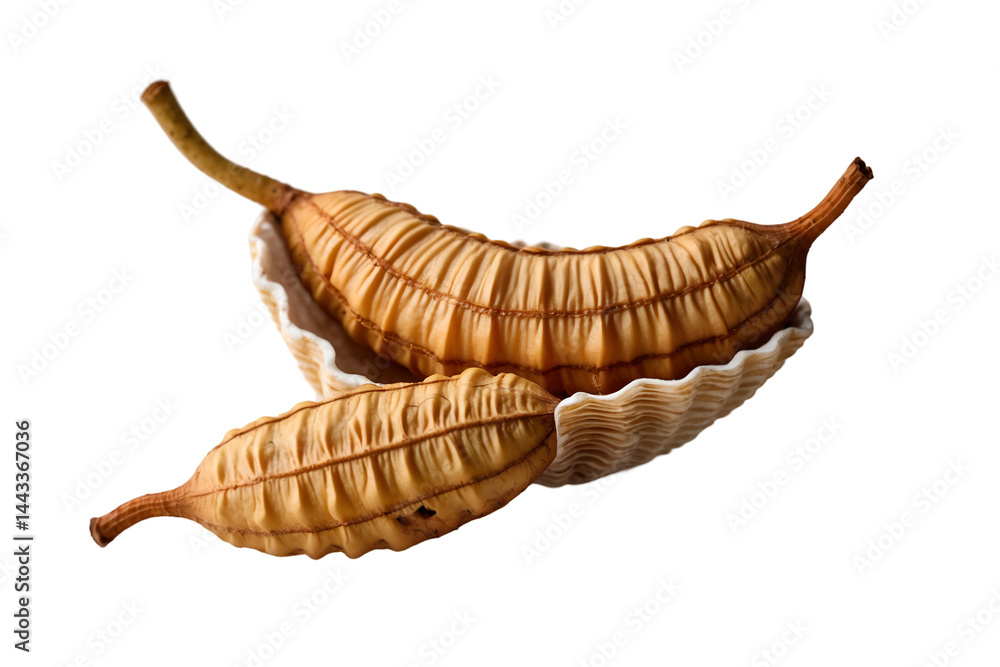 Obraz premium Close-up Studio Shot of Two Tamarind Pods Resting in a Decorative Seashell on a White Surface, Showcasing the Unique Texture and Warm Tones of the Tropical Fruit