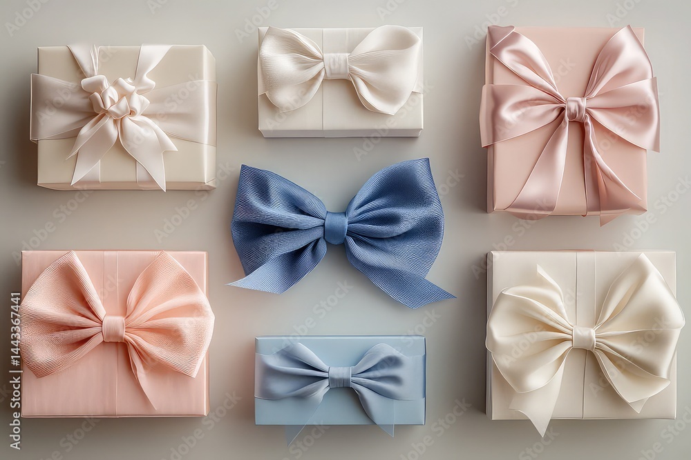 A set of cheerful pastel gift wrapped boxes with contrasting ribbon bows A set of cheerful pastel gift wrapped boxes with contrasting ribbon bows