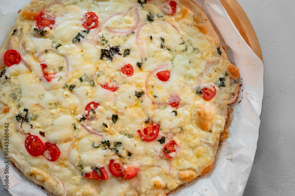 Freshly made homemade three cheese pizza