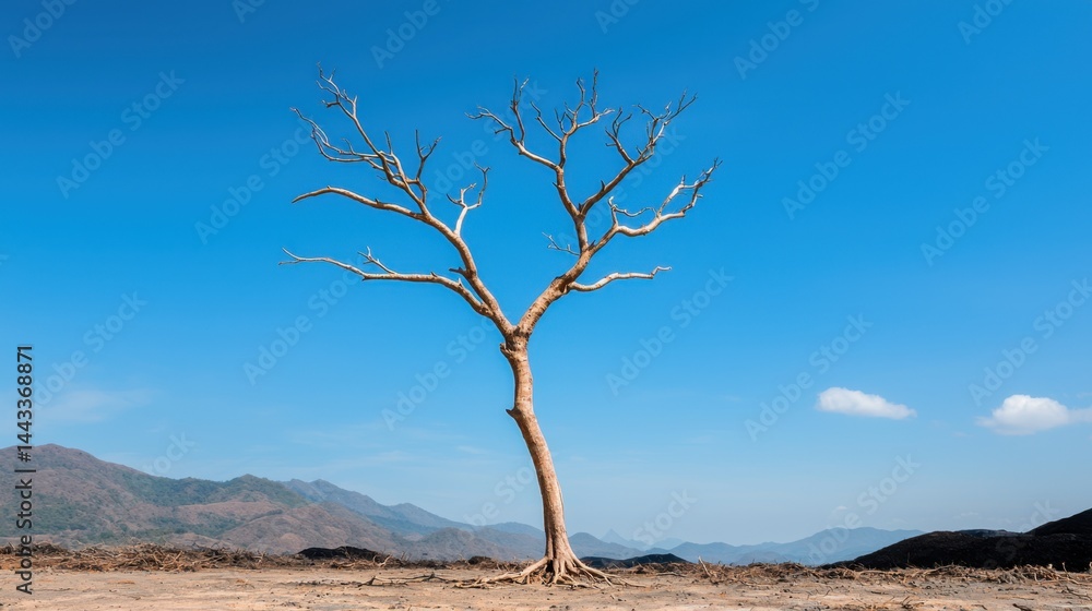 Rare earth pollution Concept, A Solemn Dead Tree Standing Alone in a Devastated Landscape under a Clear Blue Sky Rare earth pollution Concept, A Solemn Dead Tree Standing Alone in a Devastated Landscape under a Clear Blue Sky