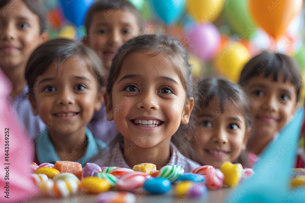 Joyful children celebrating Children's Day with colorful candies Joyful children celebrating Children's Day with colorful candies