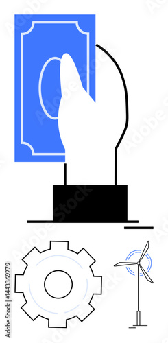 Hand holding money suggests investment, gear signifies industry, and wind turbine symbolizes renewable energy. Ideal for sustainability, innovation, finance, clean energy, economy, progress simple