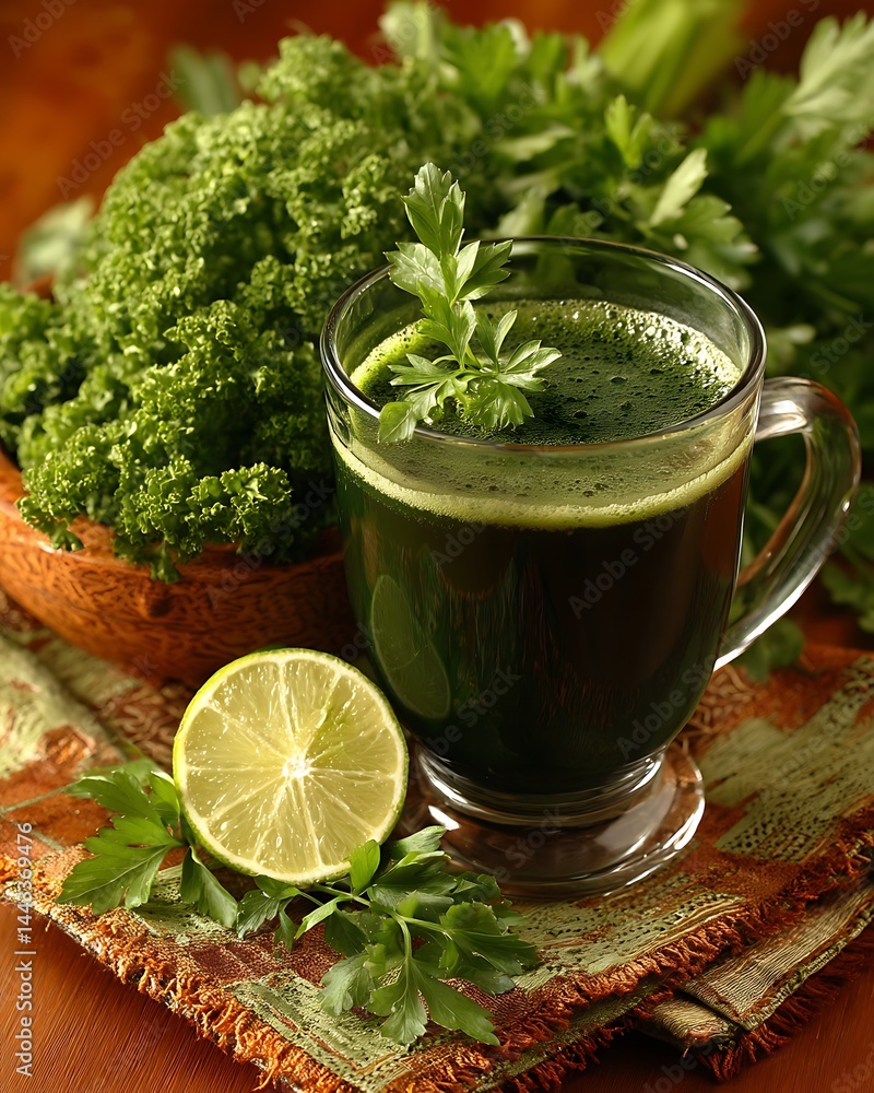 Green juice drink with lime slice, parsley garnish; fresh leafy greens in wooden bowl on patterned cloth Green juice drink with lime slice, parsley garnish; fresh leafy greens in wooden bowl on patterned cloth
