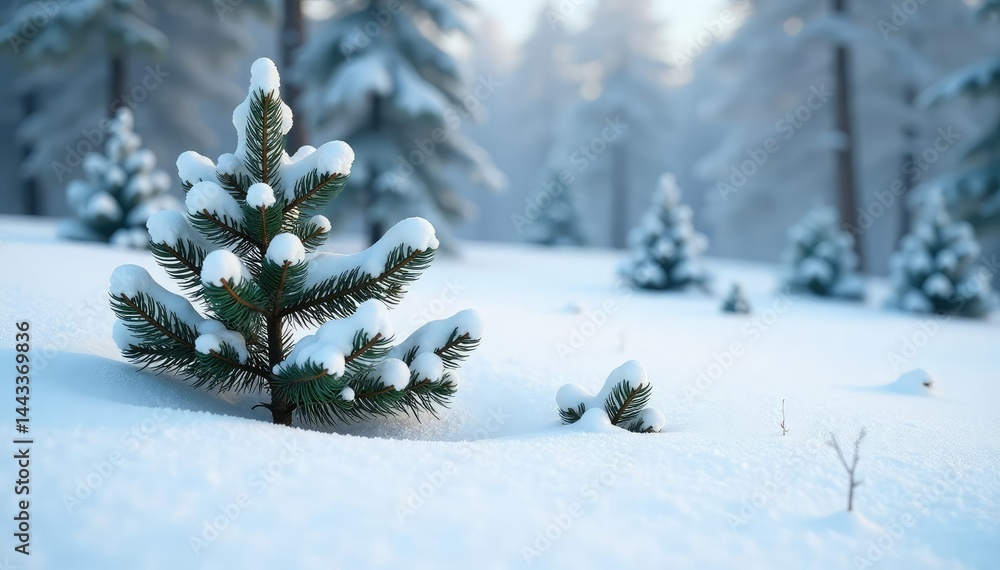 Fototapeta premium Snow-covered pine branches in a scattered formation on white ground, pine, landscape, natural