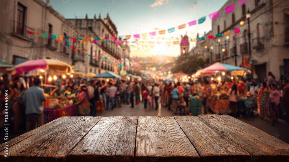 Fototapeta premium Blurred Cinco de Mayo Street Market Behind a Rustic Table Setting