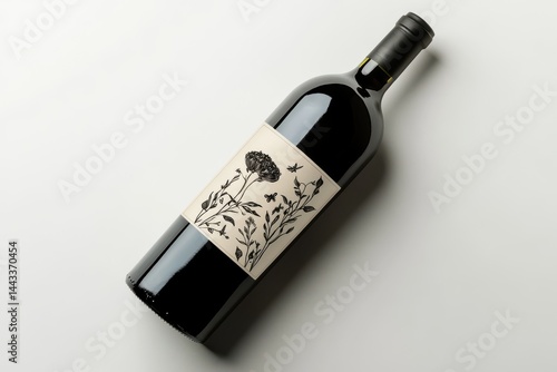 A bottle of red wine with floral label isolated on white background.