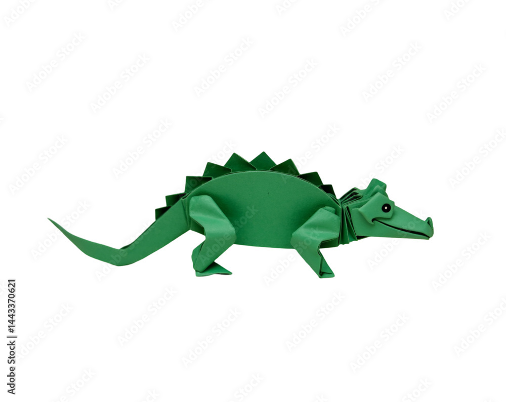 Fototapeta premium Delicate green origami crocodile, intricately folded with precision, a testament to the beauty of paper art and the skill of the artist creating whimsical charm